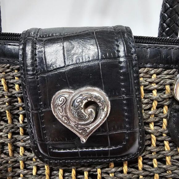 BRIGHTON WOVEN STRAW SATCHEL SHOULDER BAG, BLACK AND TAN - Picture 7 of 16